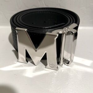 Mcm black leather belt silver M buckle